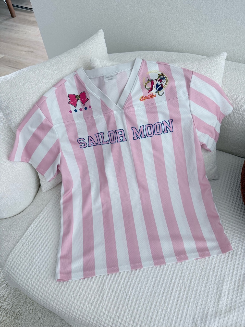 Sailor Moon Pink Striped Soccer Jersey Shirt Anime Graphic Women’s Size L
